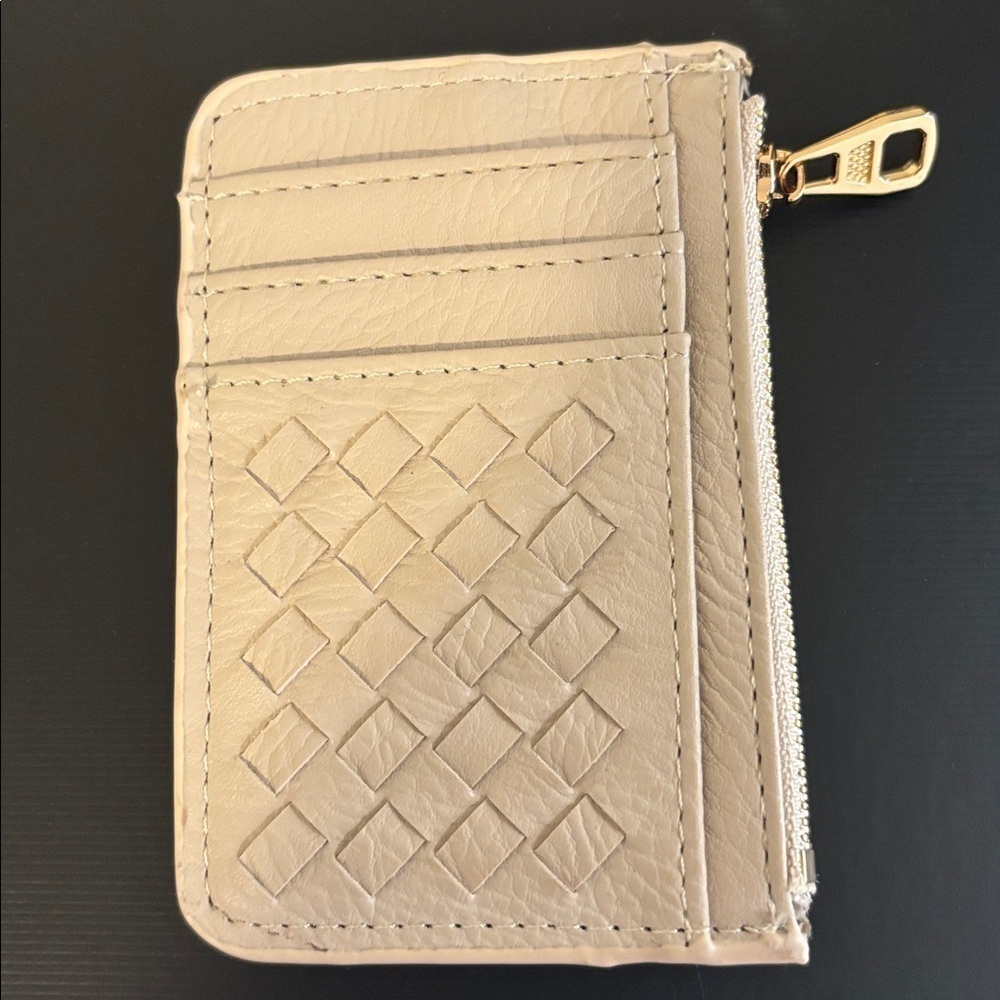 Beige Leather Card Holder with Zipper